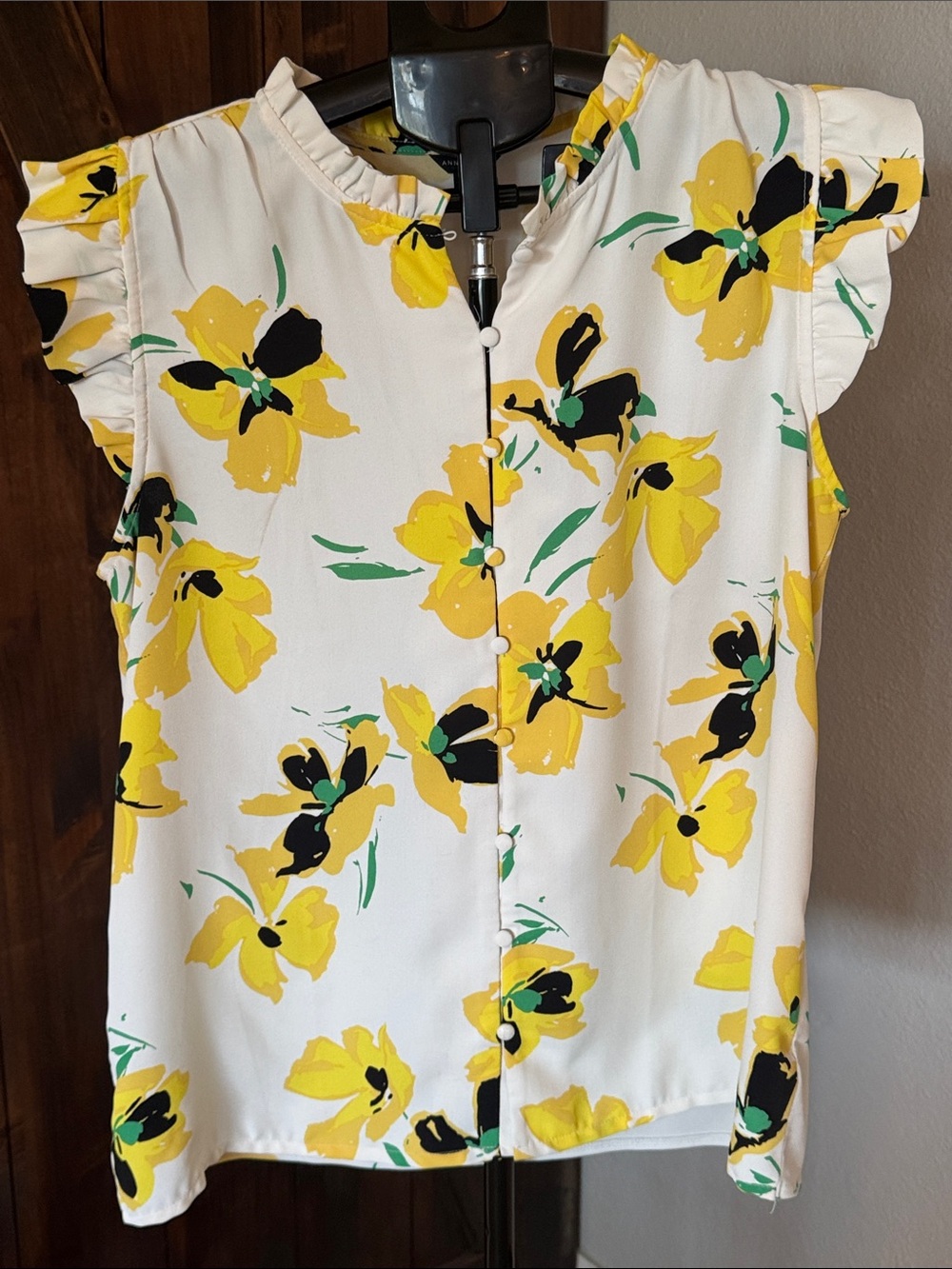 Ann Taylor Cream Floral Ruffle Sleeve Blouse with Yellow & Black Flowers